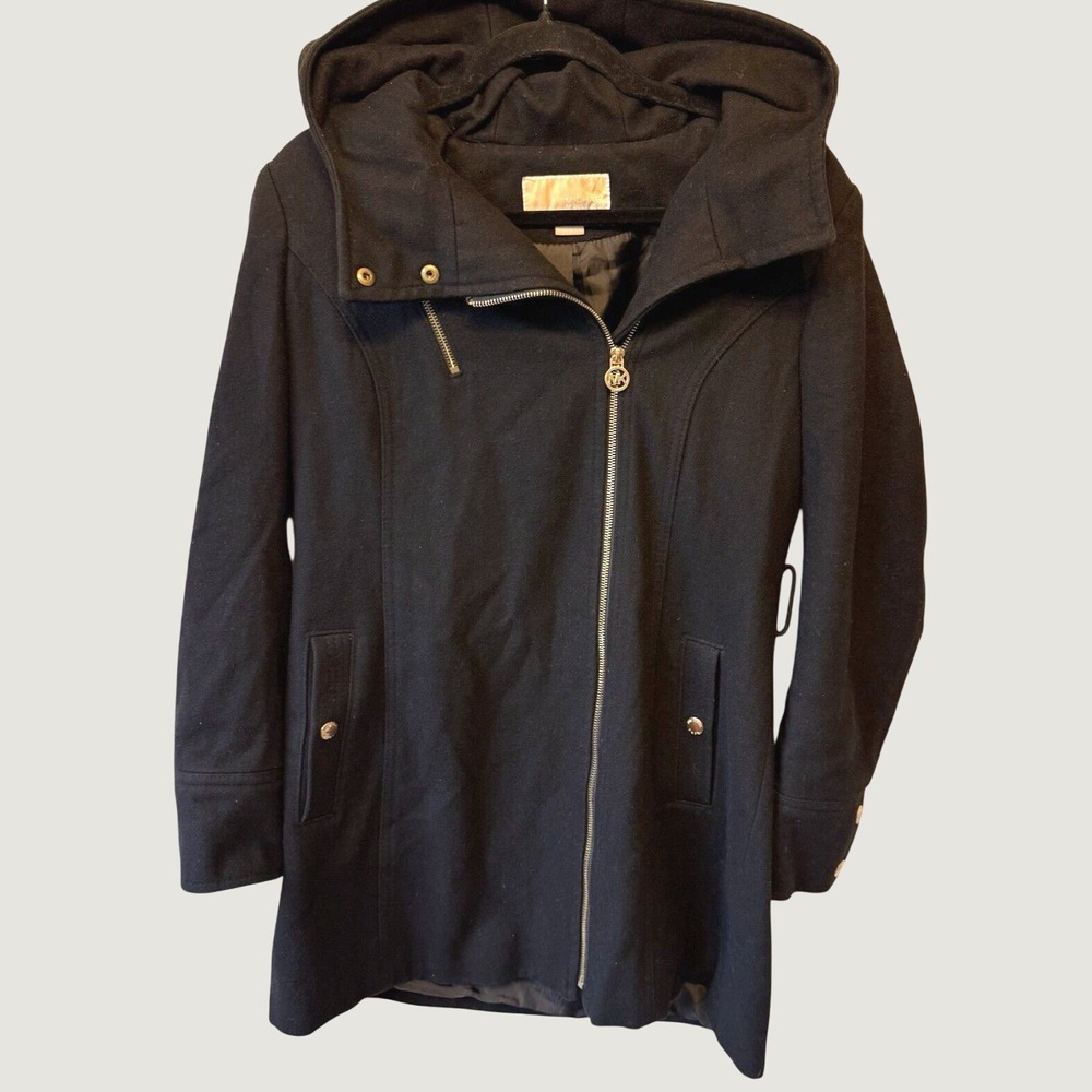 Michael Kors Asymmetrical Zip Hooded Coat Womens 6 Black Wool Blend‎ Gold Tone